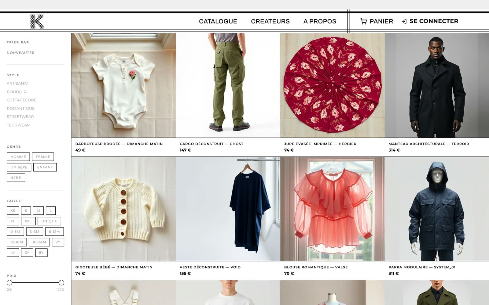 Catalogue de Kpsull avec ses filtres par style, genre, taille et prix
