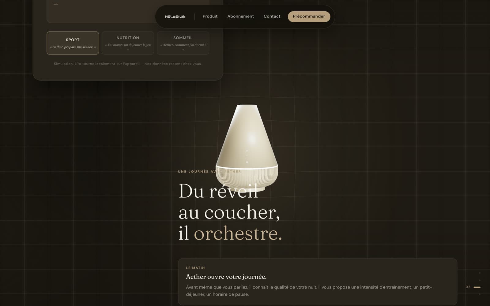 Rendu 3D du produit dans la section « une journée avec Aether »