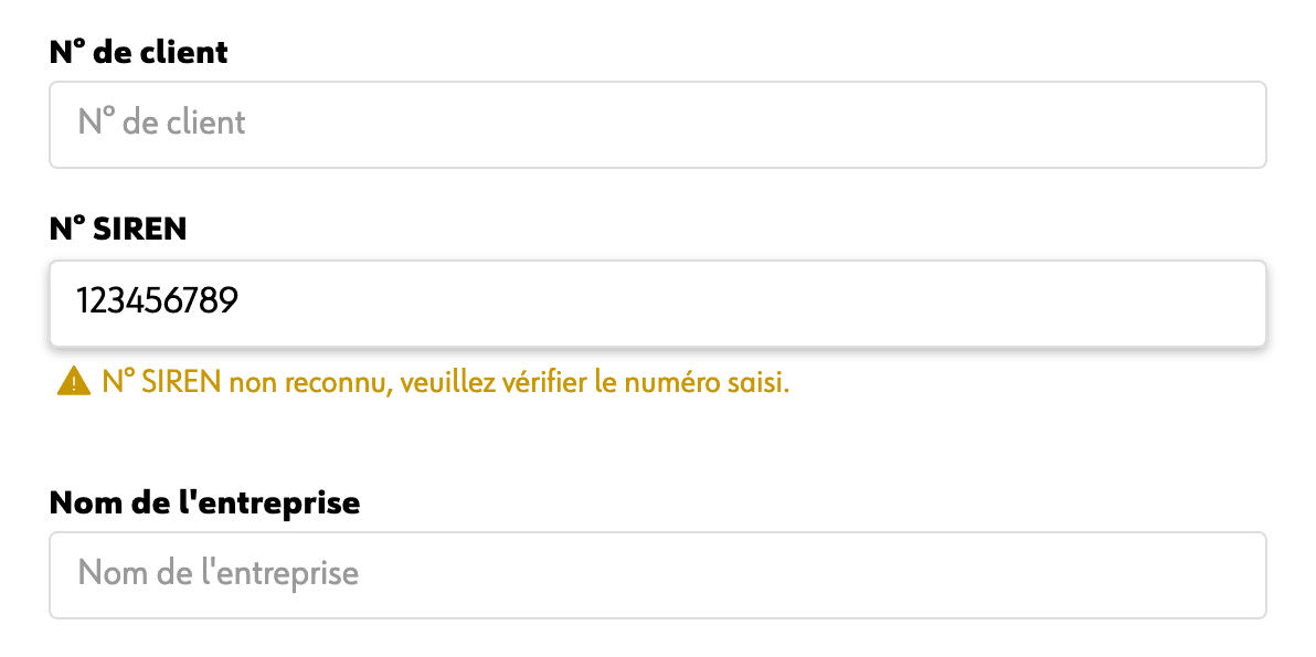 Un numéro SIREN refusé, et le message qui dit quoi vérifier