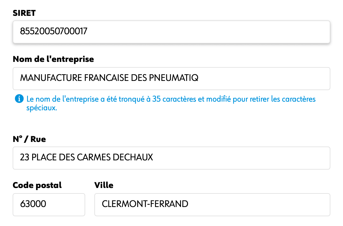 Un SIRET reconnu, et l’adresse de l’entreprise remplie automatiquement en dessous