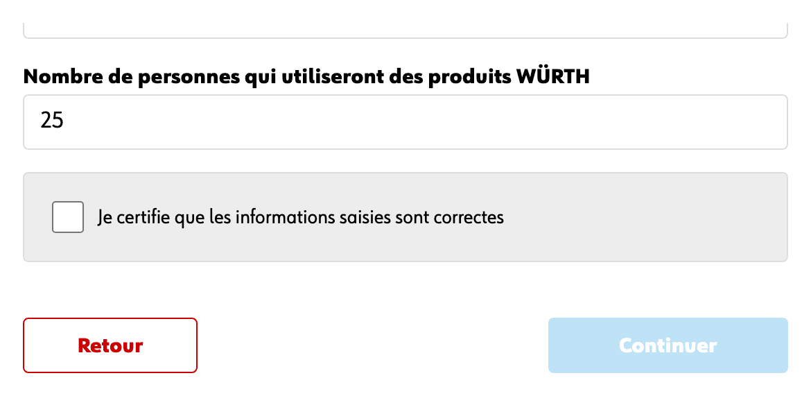 La case de certification décochée, et le bouton Continuer grisé