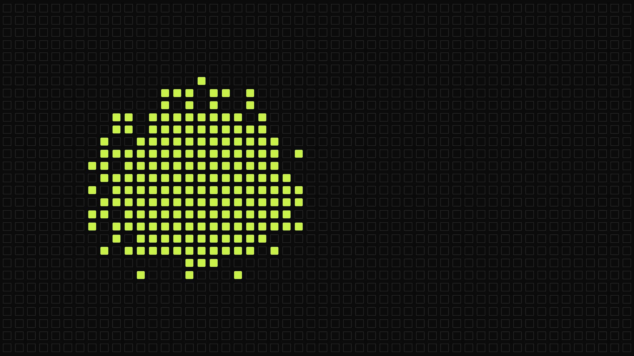 Une grille de modules carrés identiques sur fond noir, et un groupe de forme libre qui ressort en vert