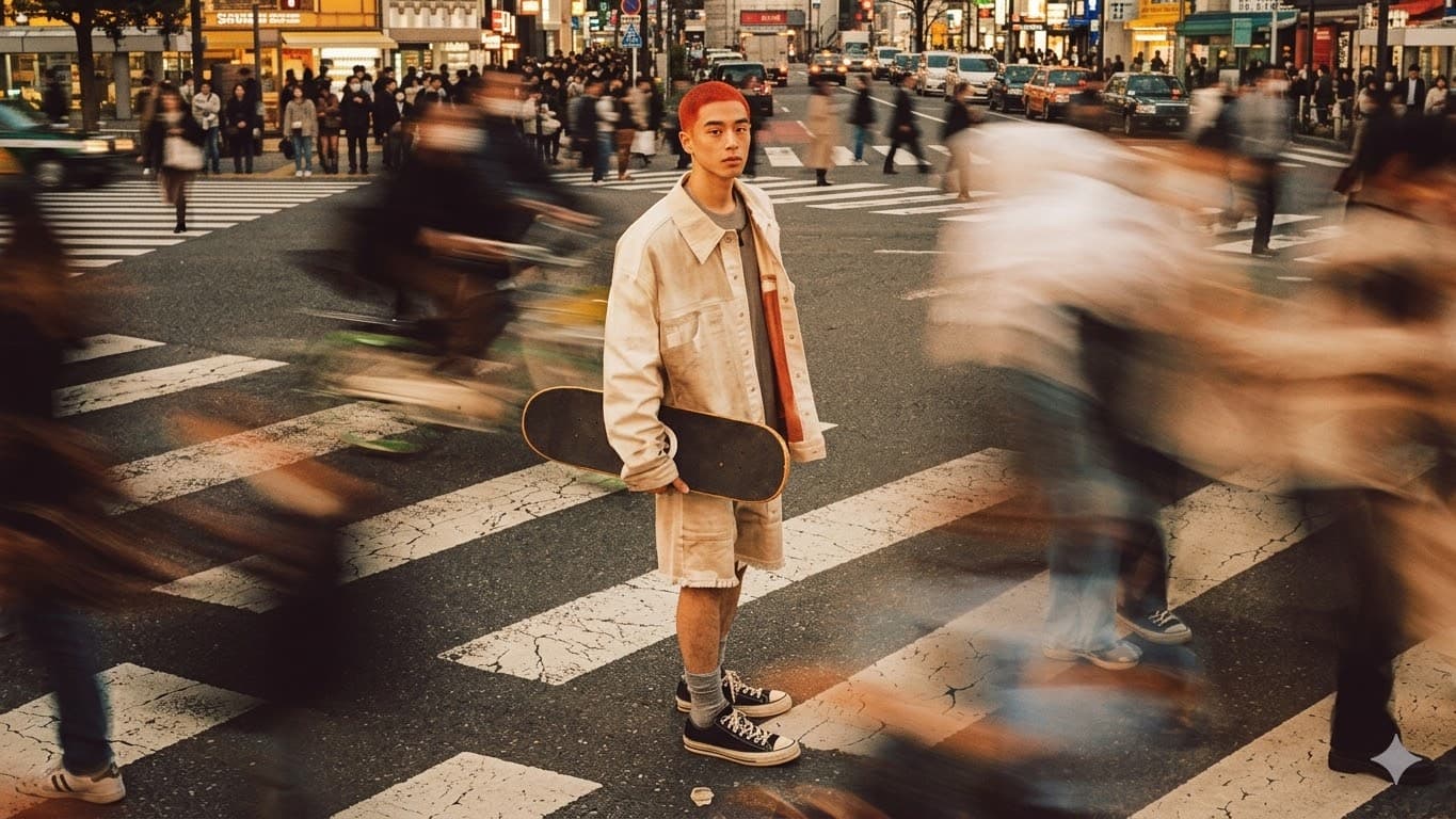 Un skateur immobile au milieu d’un passage piéton, la foule filée autour de lui